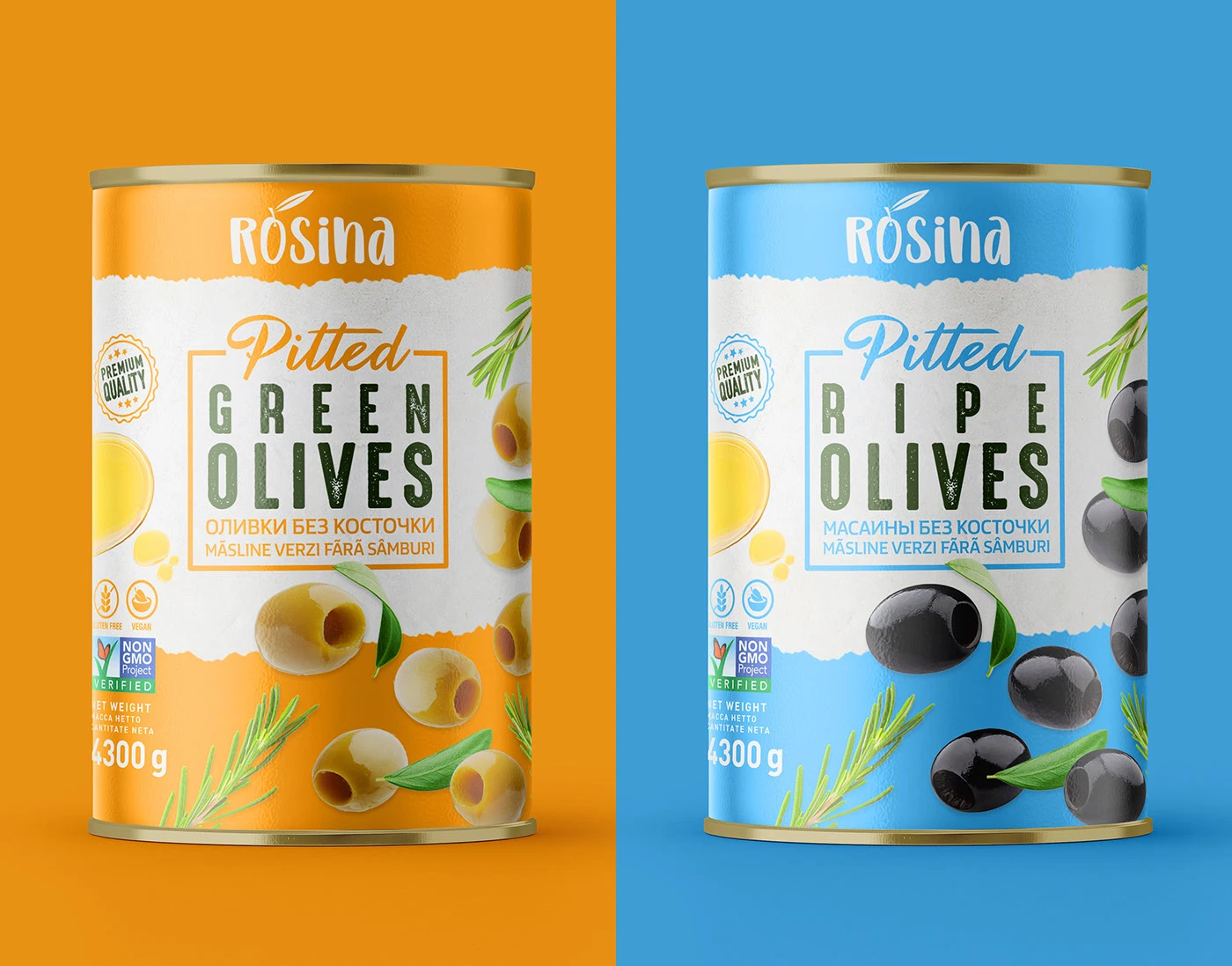 Rosina’nın turuncu ve mavi renklerle ayrılan yeşil ve siyah zeytin ambalajları.