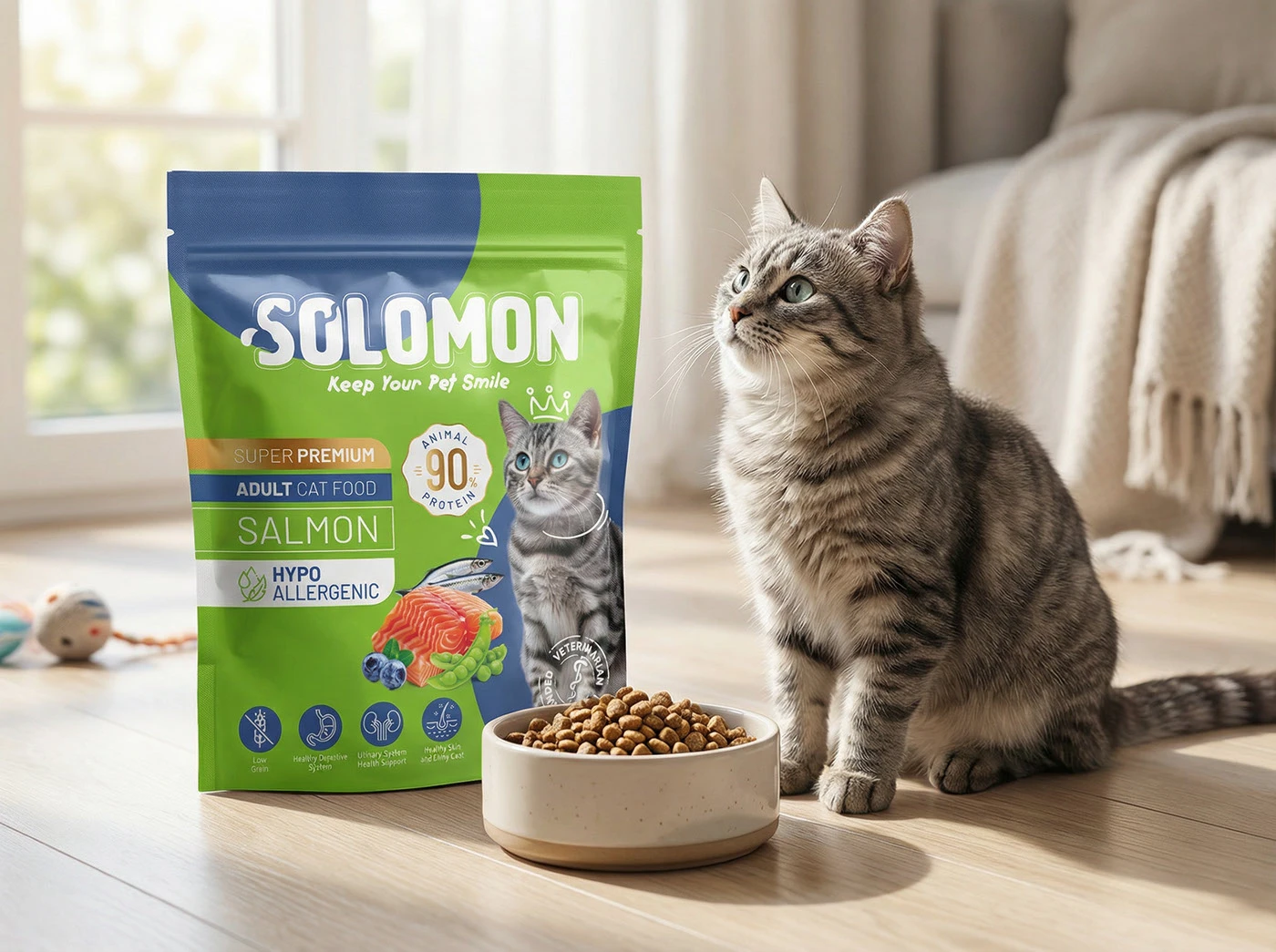 SOLOMON kedi mamasının yeşil ve lacivert ambalajı.